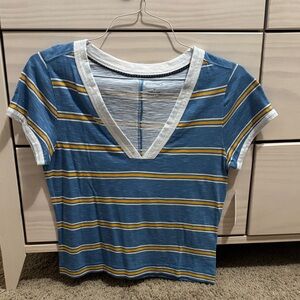 Pilcro Blue and Yellow Striped V-Neck Tee